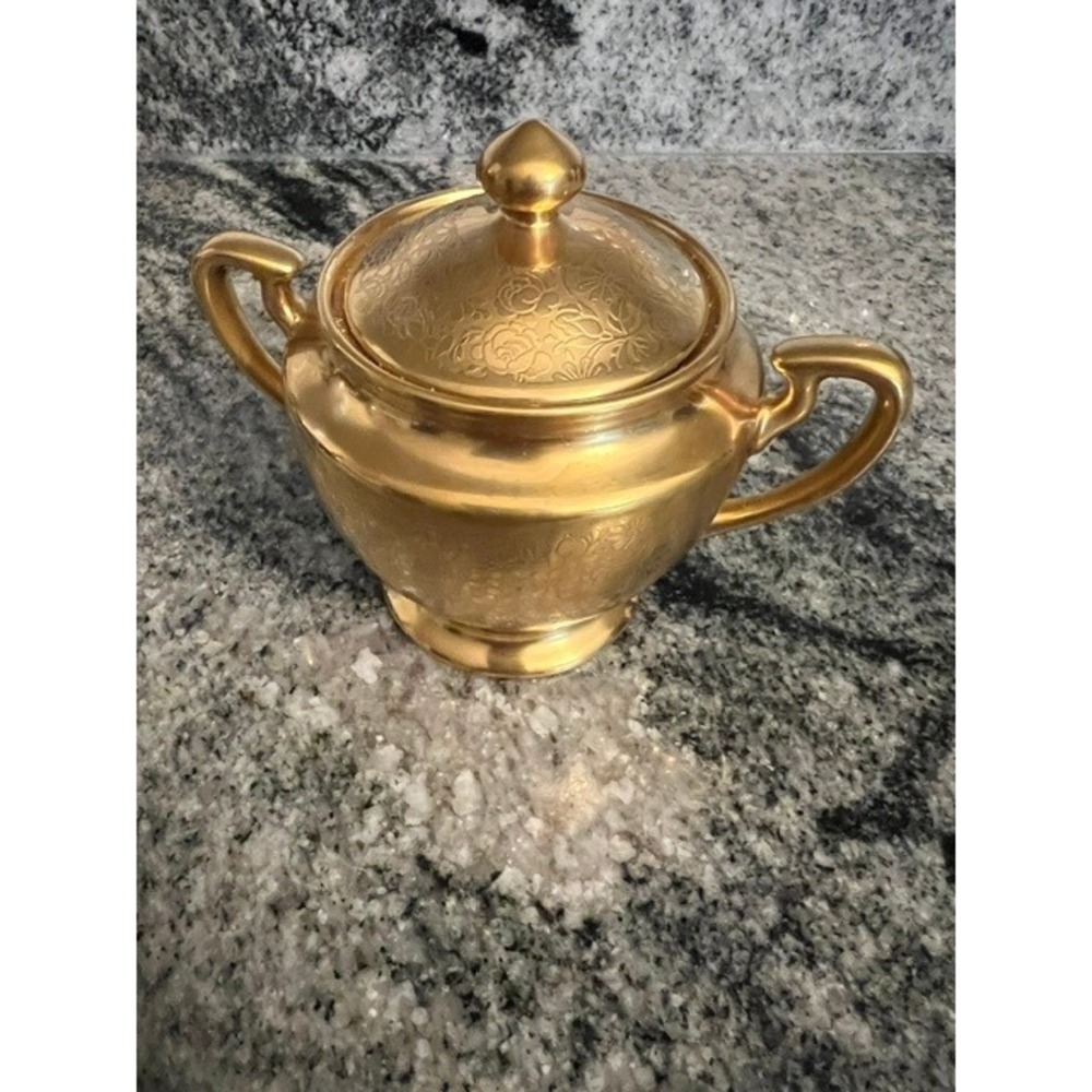 Vintage Pickard Gold Etched Sugar Bowl and Lid Rose & Daisy Pattern Art Deco 24K
